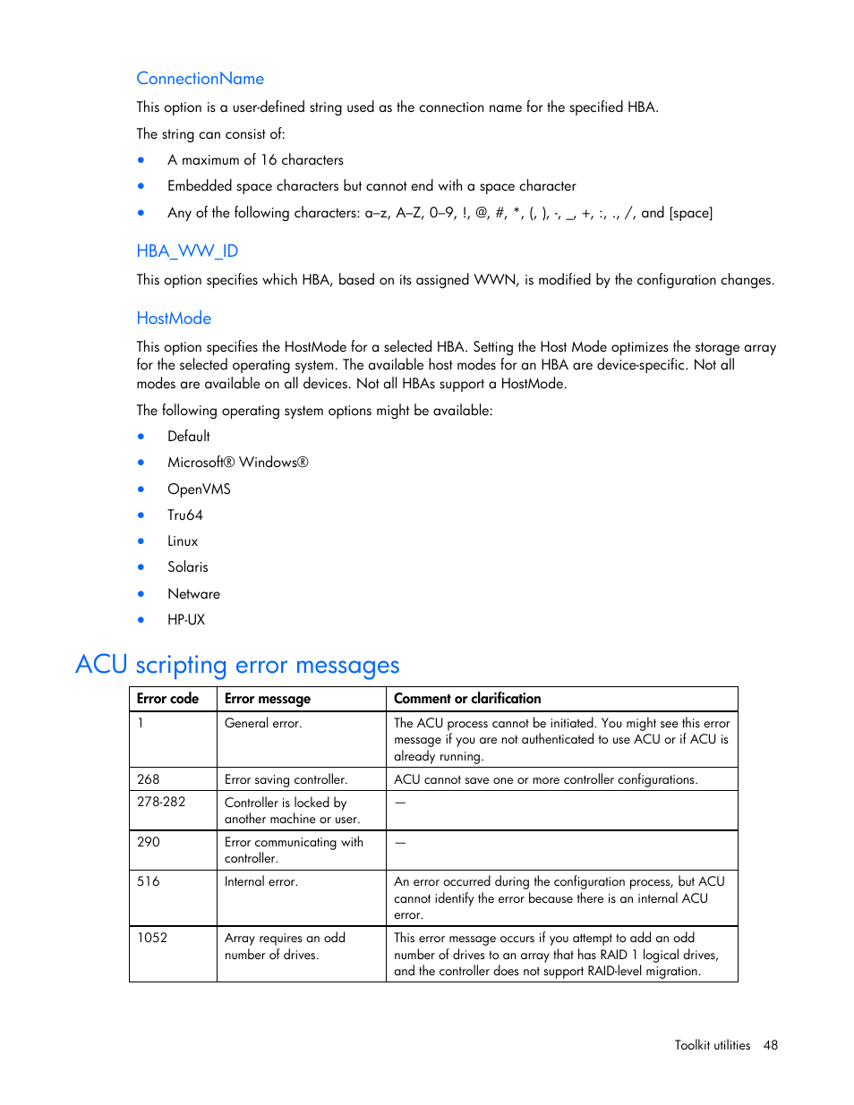 Connectionname, Hba_ww_id, Hostmode | Acu scripting error messages | HP SmartStart-Software User Manual | Page 48 / 69