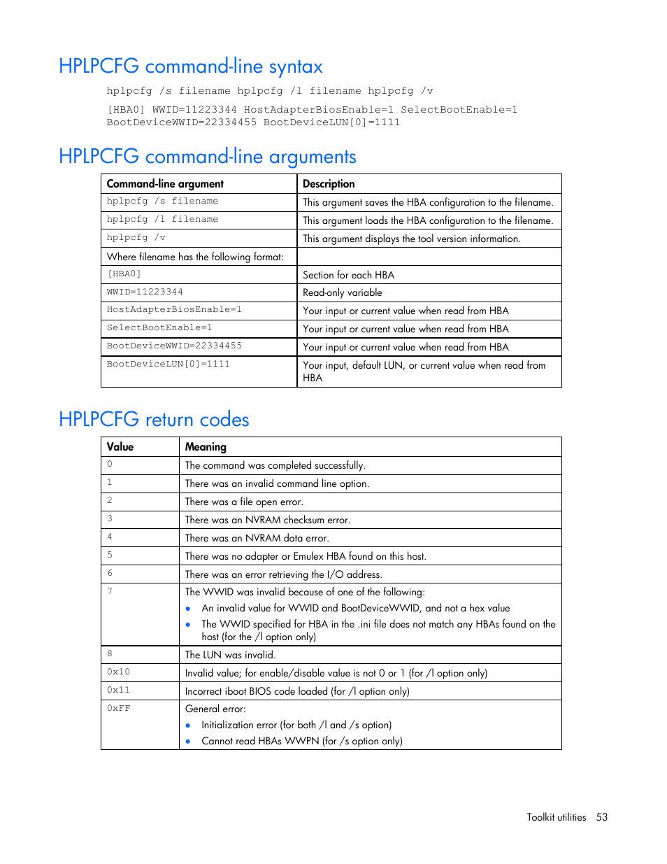 Hplpcfg command-line syntax, Hplpcfg command-line arguments, Hplpcfg return codes | HP SmartStart-Software User Manual | Page 53 / 69