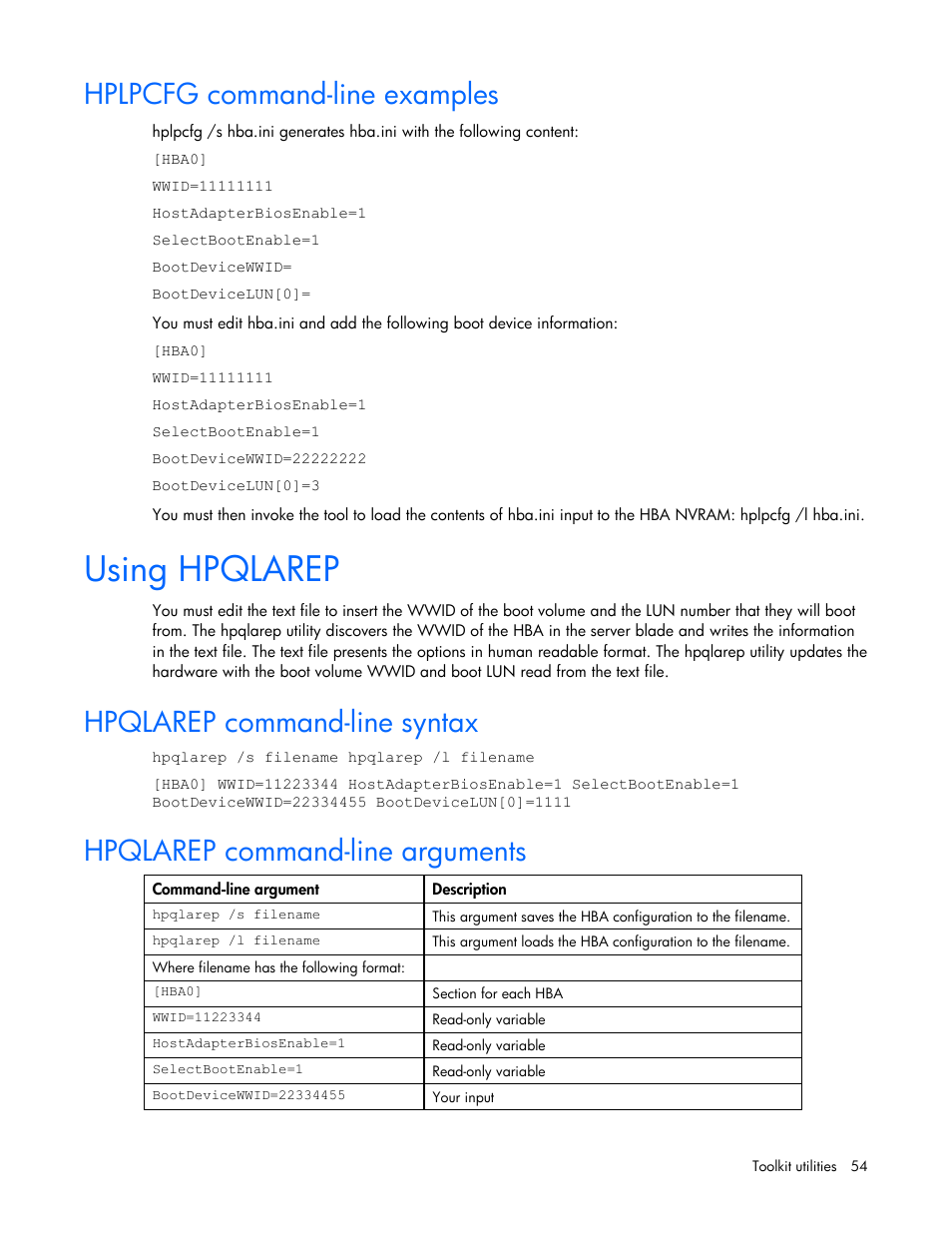 Hplpcfg command-line examples, Using hpqlarep, Hpqlarep command-line syntax | Hpqlarep command-line arguments | HP SmartStart-Software User Manual | Page 54 / 69