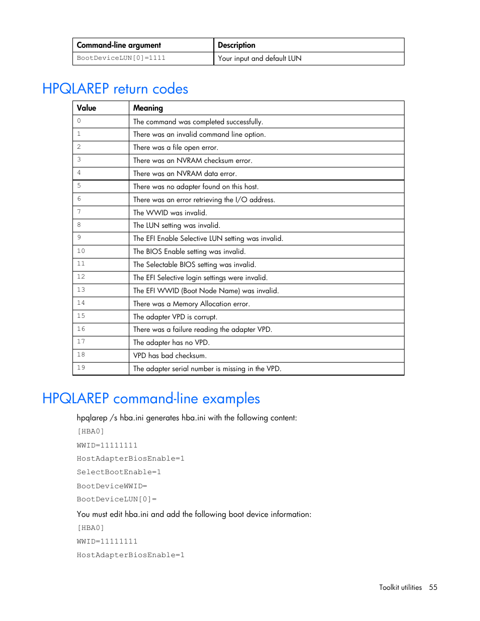 Hpqlarep return codes, Hpqlarep command-line examples | HP SmartStart-Software User Manual | Page 55 / 69