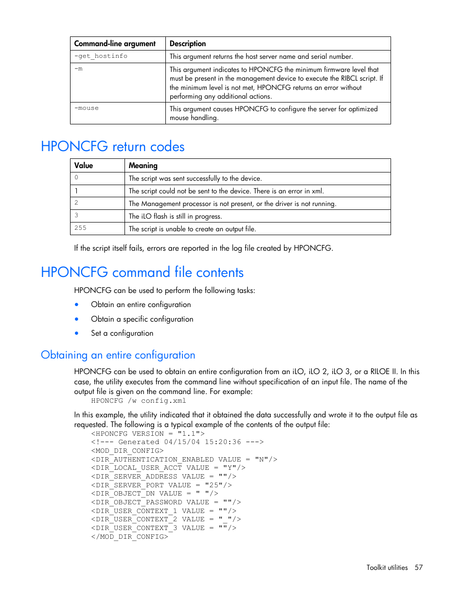 Hponcfg return codes, Hponcfg command file contents, Obtaining an entire configuration | Hponcfg return codes hponcfg command file contents | HP SmartStart-Software User Manual | Page 57 / 69