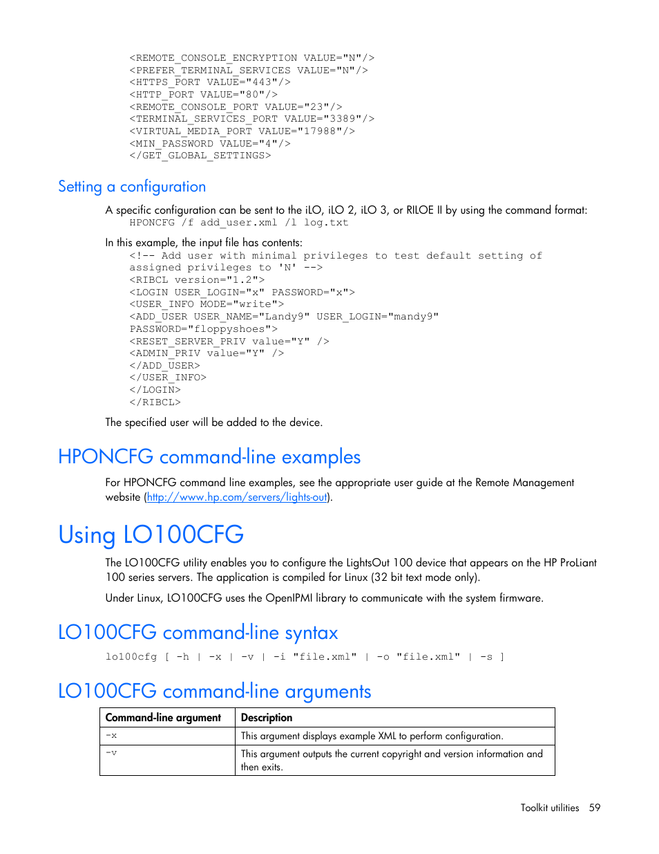 Setting a configuration, Hponcfg command-line examples, Using lo100cfg | Lo100cfg command-line syntax, Lo100cfg command-line arguments | HP SmartStart-Software User Manual | Page 59 / 69