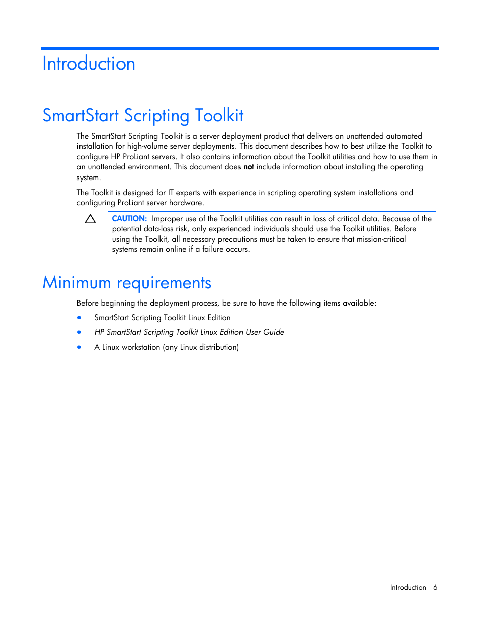 Introduction, Smartstart scripting toolkit, Minimum requirements | Smartstart scripting toolkit minimum requirements | HP SmartStart-Software User Manual | Page 6 / 69