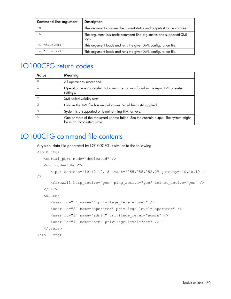 Lo100cfg return codes, Lo100cfg command file contents | HP SmartStart-Software User Manual | Page 60 / 69