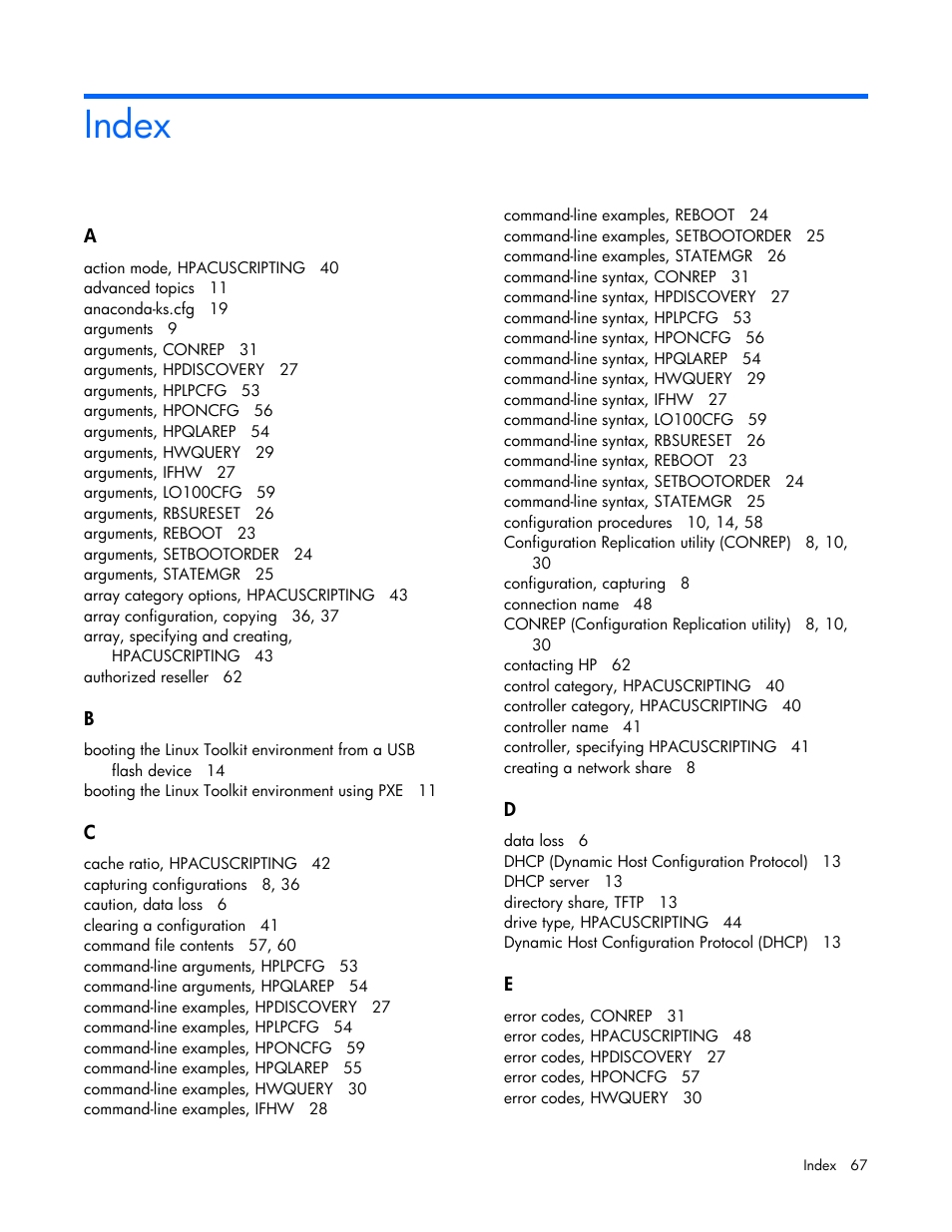 Index | HP SmartStart-Software User Manual | Page 67 / 69