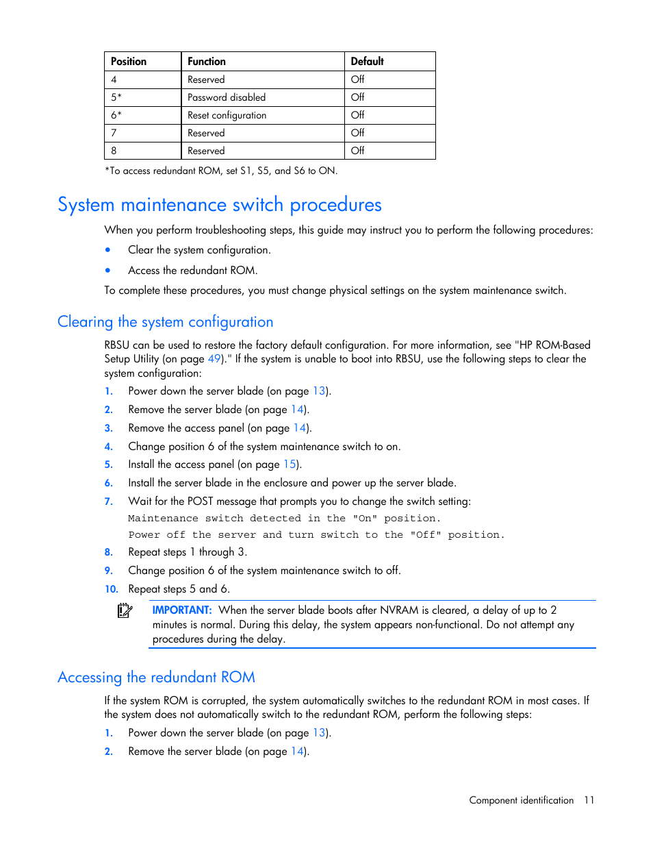 System maintenance switch procedures, Clearing the system configuration, Accessing the redundant rom | HP ProLiant BL680c G5 Server-Blade User Manual | Page 11 / 100