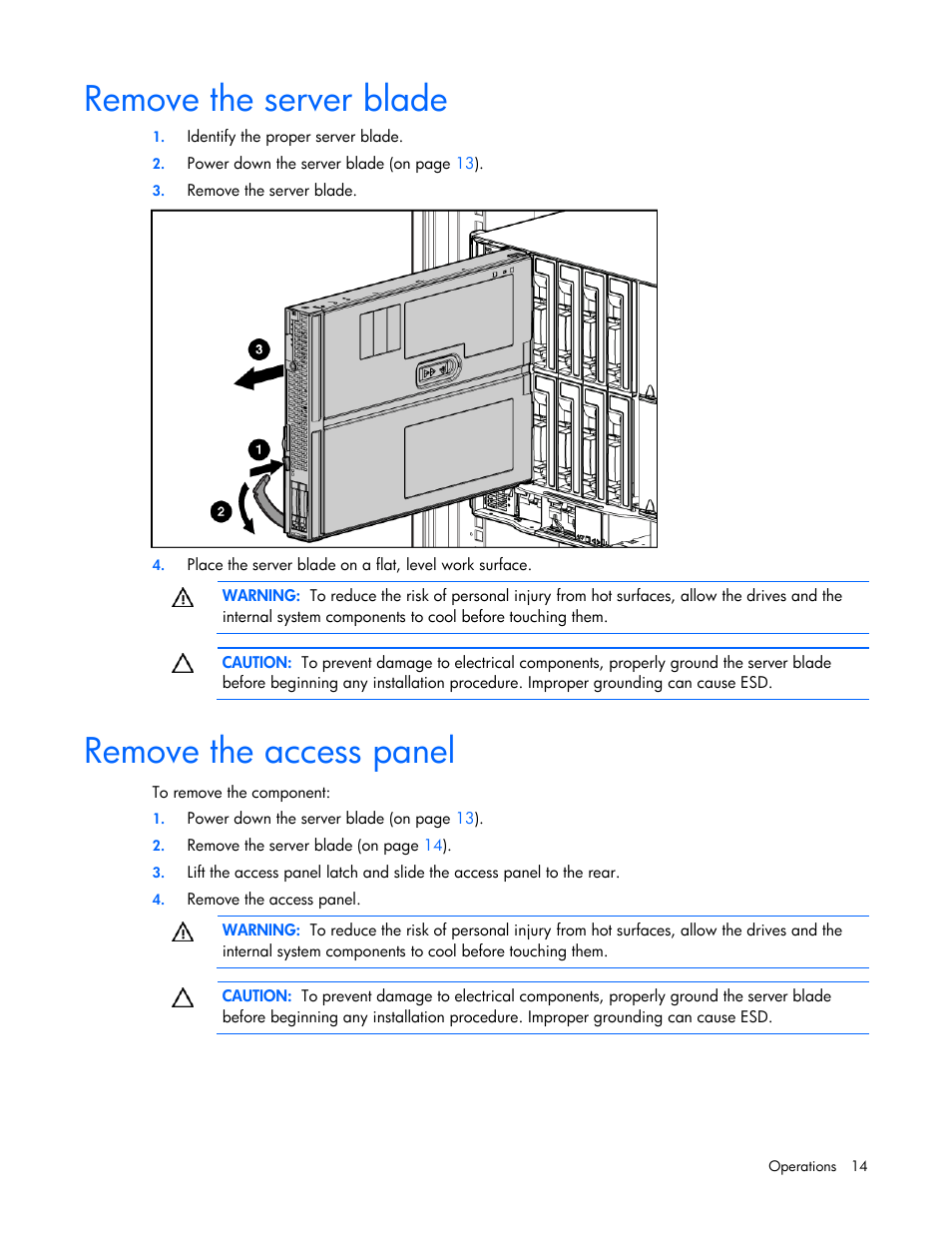 Remove the server blade, Remove the access panel | HP ProLiant BL680c G5 Server-Blade User Manual | Page 14 / 100