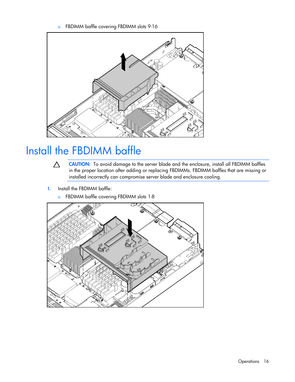 Install the fbdimm baffle | HP ProLiant BL680c G5 Server-Blade User Manual | Page 16 / 100