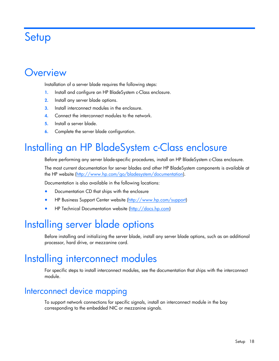 Setup, Overview, Installing an hp bladesystem c-class enclosure | Installing server blade options, Installing interconnect modules, Interconnect device mapping | HP ProLiant BL680c G5 Server-Blade User Manual | Page 18 / 100