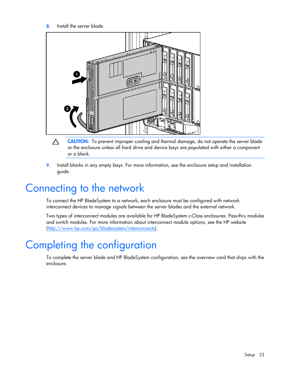 Connecting to the network, Completing the configuration | HP ProLiant BL680c G5 Server-Blade User Manual | Page 23 / 100