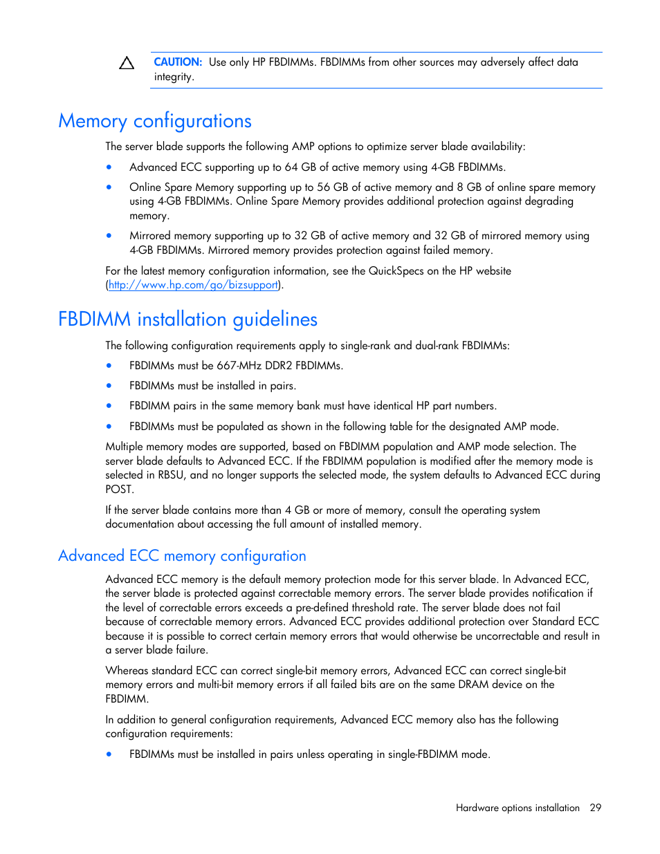 Memory configurations, Fbdimm installation guidelines | HP ProLiant BL680c G5 Server-Blade User Manual | Page 29 / 100