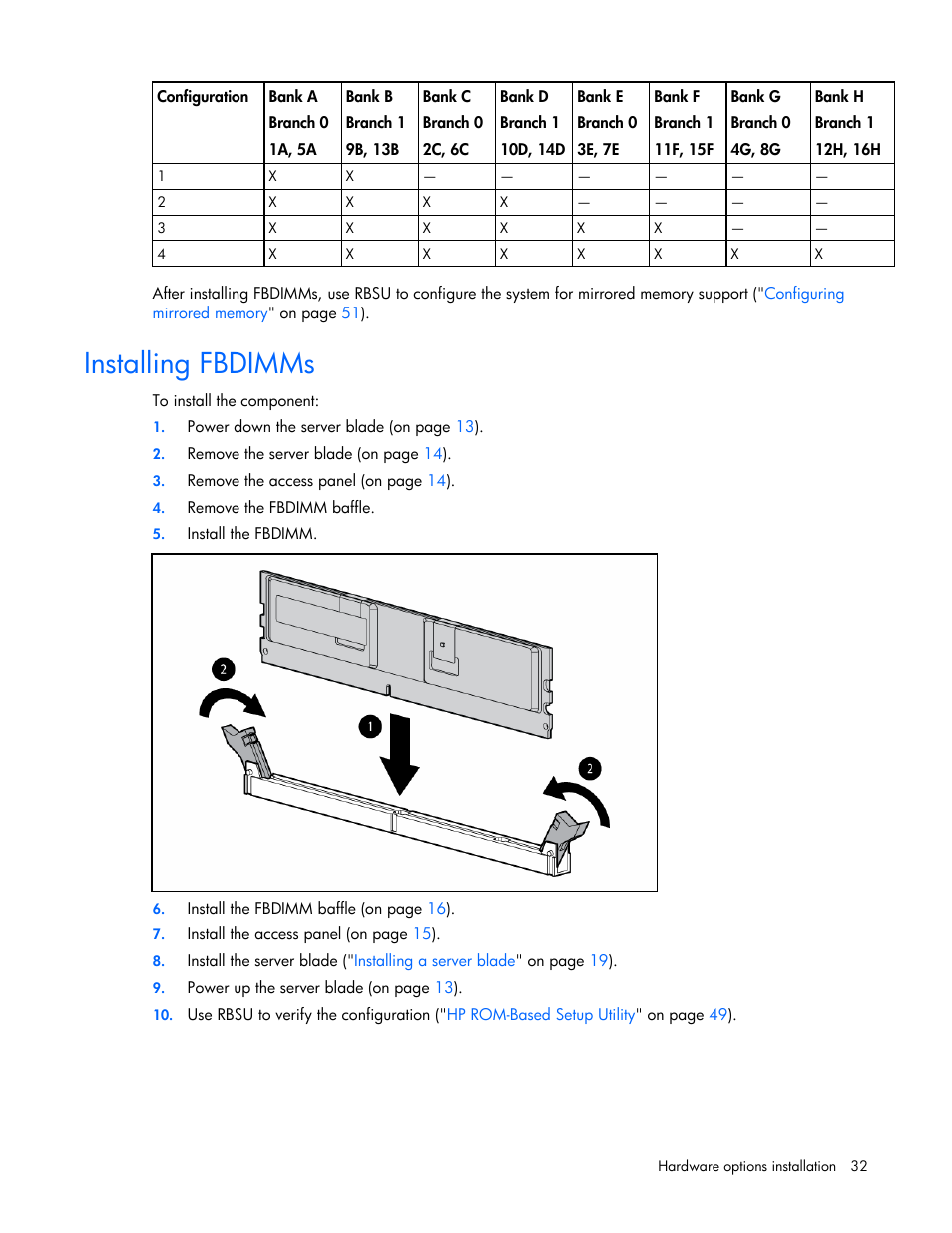 Installing fbdimms | HP ProLiant BL680c G5 Server-Blade User Manual | Page 32 / 100