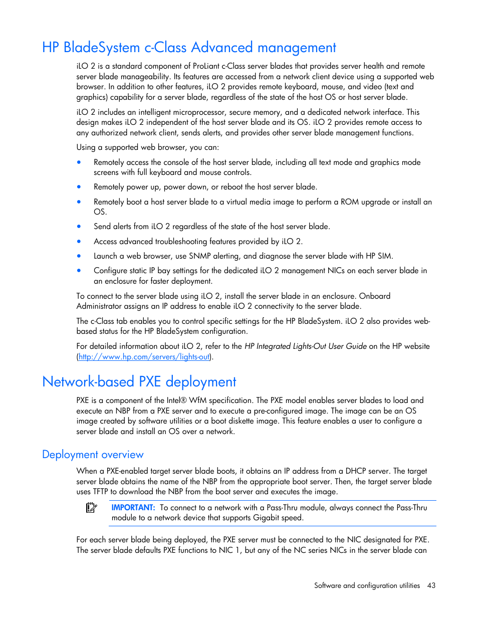 Hp bladesystem c-class advanced management, Network-based pxe deployment, Deployment overview | HP ProLiant BL680c G5 Server-Blade User Manual | Page 43 / 100