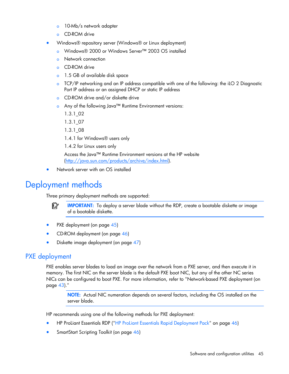 Deployment methods, Pxe deployment | HP ProLiant BL680c G5 Server-Blade User Manual | Page 45 / 100