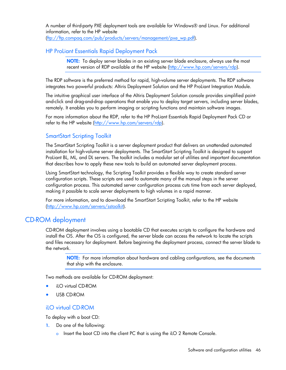 Hp proliant essentials rapid deployment pack, Cd-rom deployment | HP ProLiant BL680c G5 Server-Blade User Manual | Page 46 / 100