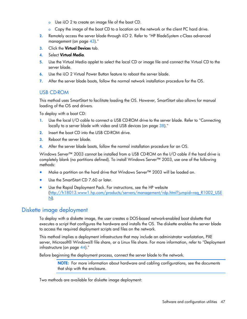 Diskette image deployment | HP ProLiant BL680c G5 Server-Blade User Manual | Page 47 / 100
