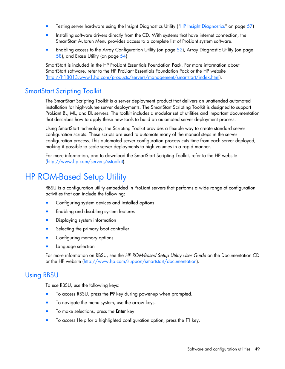 Hp rom-based setup utility, Use rbsu, Hp rom-based setup | Utility, Using rbsu, Smartstart scripting toolkit | HP ProLiant BL680c G5 Server-Blade User Manual | Page 49 / 100