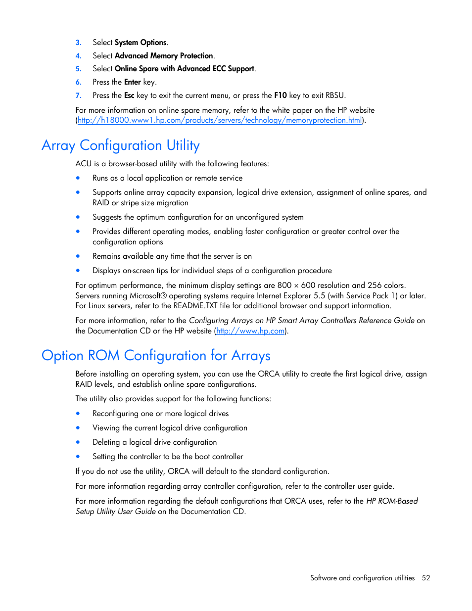 Array configuration utility, Option rom configuration for arrays | HP ProLiant BL680c G5 Server-Blade User Manual | Page 52 / 100