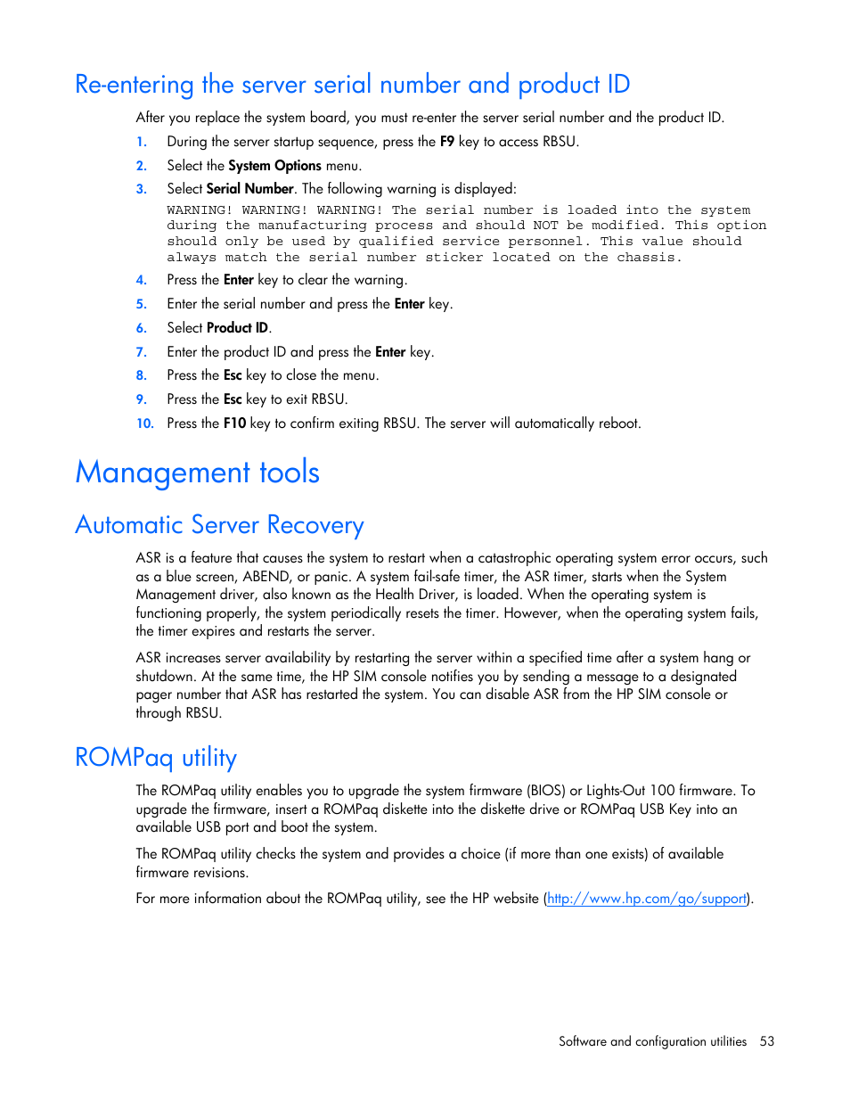 Management tools, Automatic server recovery, Rompaq utility | HP ProLiant BL680c G5 Server-Blade User Manual | Page 53 / 100
