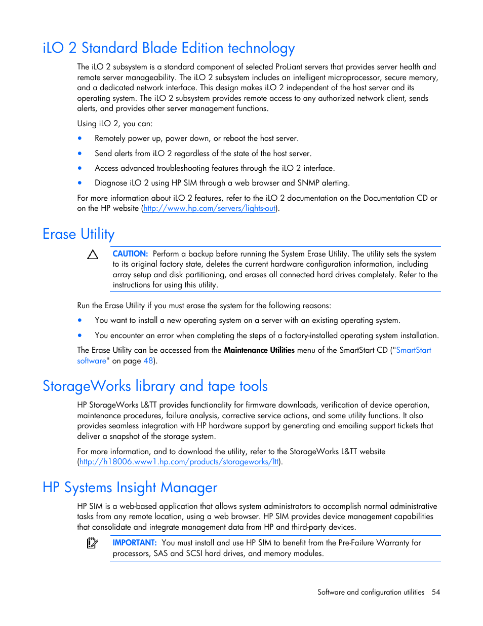 Ilo 2 standard blade edition technology, Erase utility, Storageworks library and tape tools | Hp systems insight manager | HP ProLiant BL680c G5 Server-Blade User Manual | Page 54 / 100