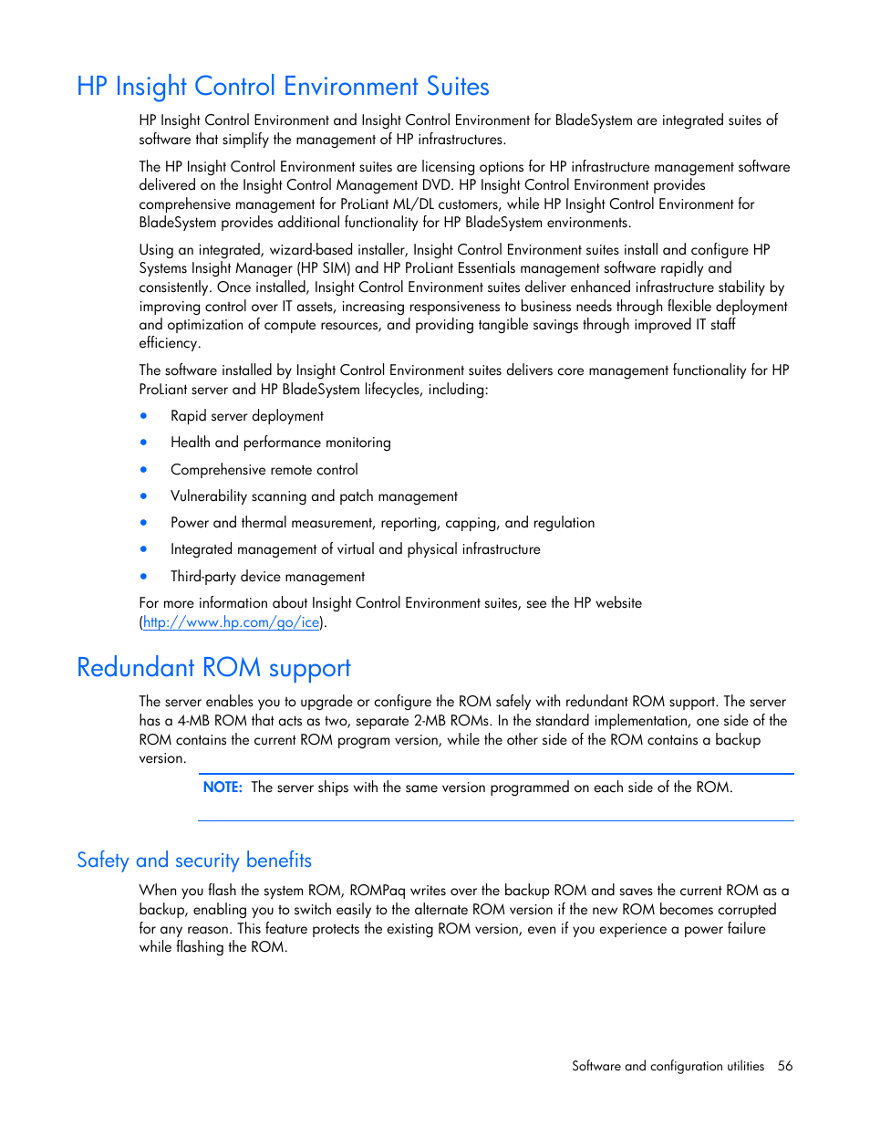 Hp insight control environment suites, Redundant rom support, Safety and security benefits | HP ProLiant BL680c G5 Server-Blade User Manual | Page 56 / 100