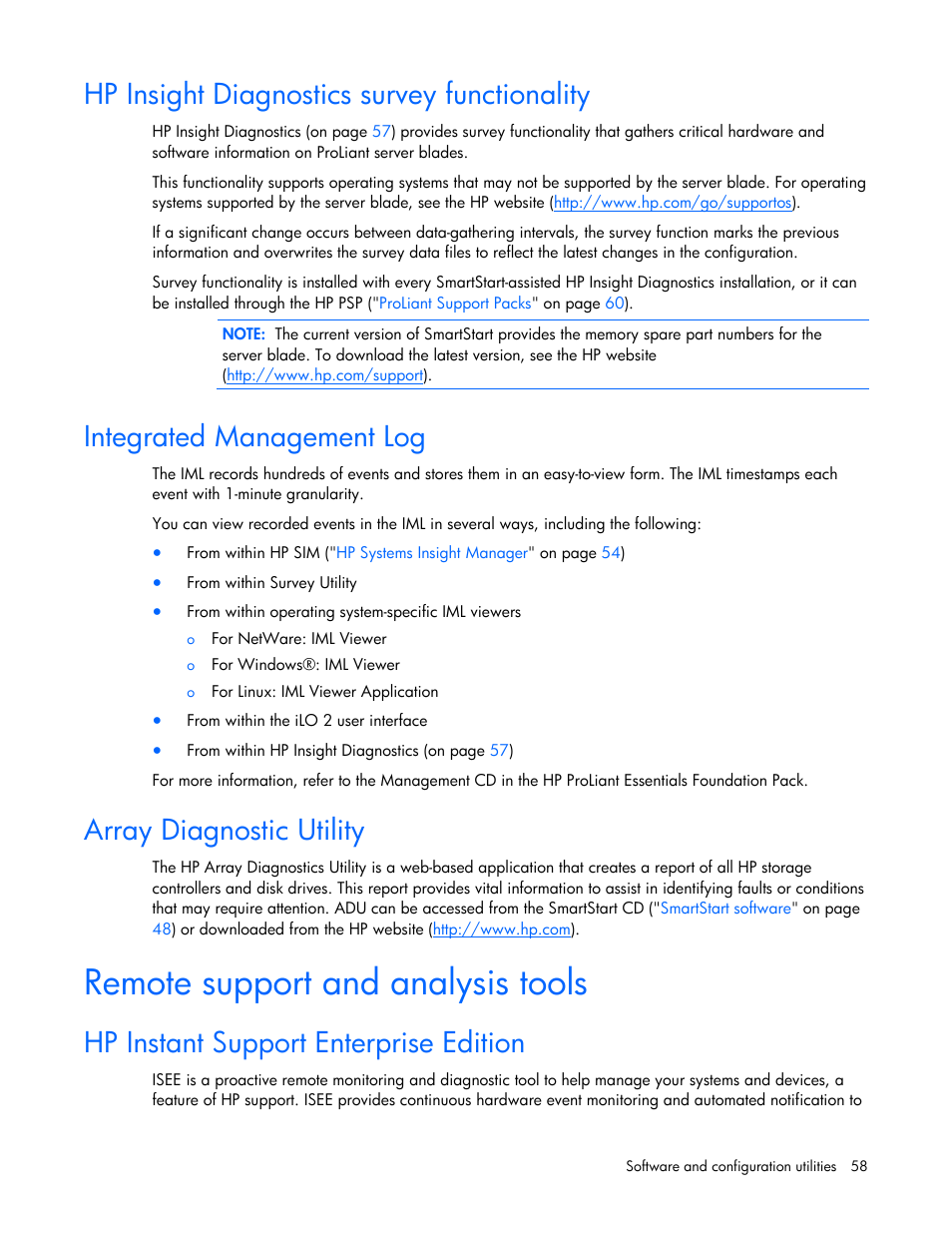 Hp insight diagnostics survey functionality, Integrated management log, Array diagnostic utility | Remote support and analysis tools, Hp instant support enterprise edition | HP ProLiant BL680c G5 Server-Blade User Manual | Page 58 / 100