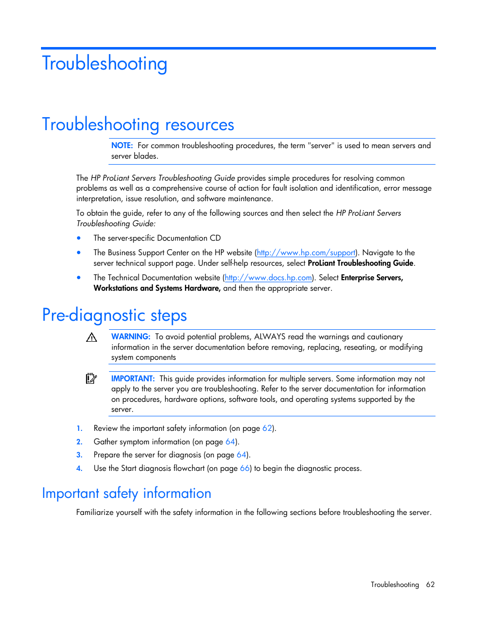 Troubleshooting, Troubleshooting resources, Pre-diagnostic steps | Important safety information | HP ProLiant BL680c G5 Server-Blade User Manual | Page 62 / 100