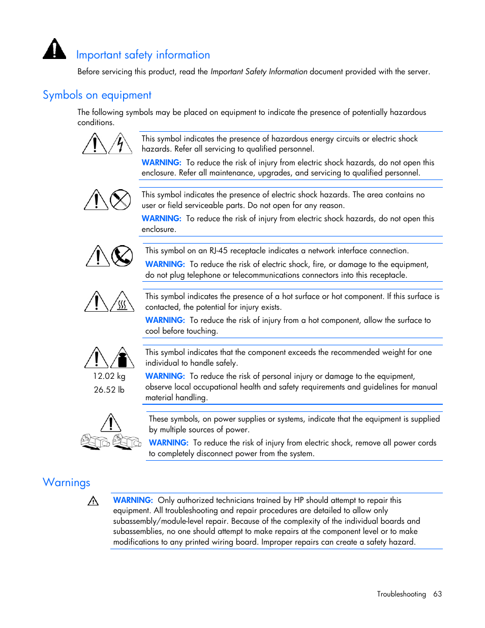 Important safety information, Symbols on equipment, Warnings | HP ProLiant BL680c G5 Server-Blade User Manual | Page 63 / 100