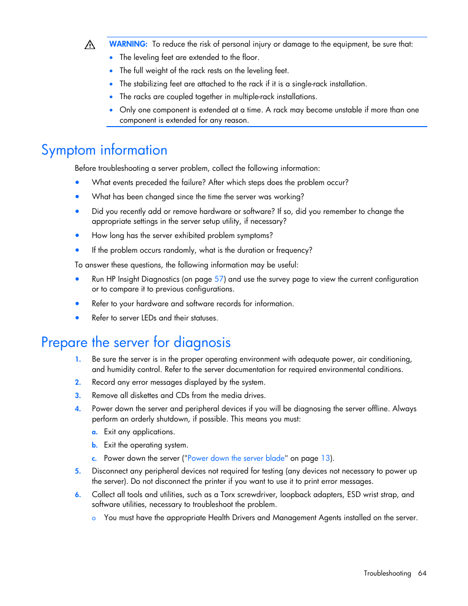 Symptom information, Prepare the server for diagnosis | HP ProLiant BL680c G5 Server-Blade User Manual | Page 64 / 100