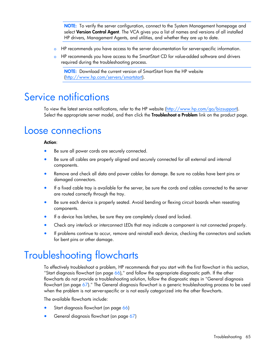 Service notifications, Loose connections, Troubleshooting flowcharts | HP ProLiant BL680c G5 Server-Blade User Manual | Page 65 / 100