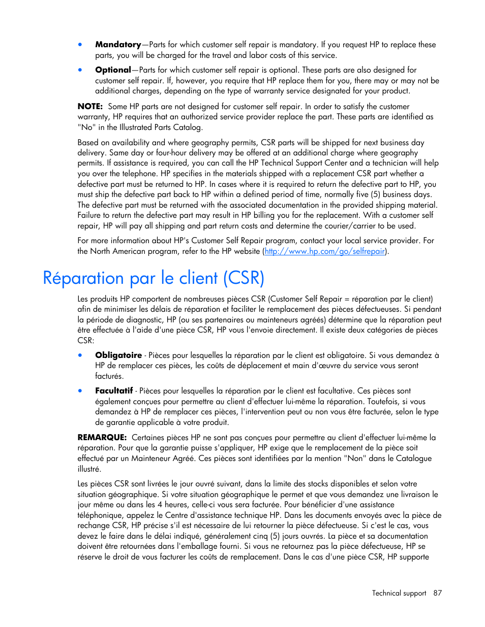 Réparation par le client (csr) | HP ProLiant BL680c G5 Server-Blade User Manual | Page 87 / 100