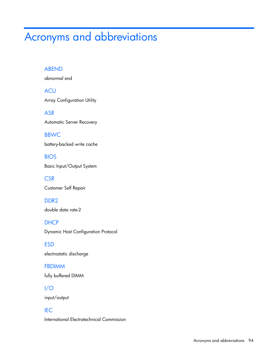 Acronyms and abbreviations | HP ProLiant BL680c G5 Server-Blade User Manual | Page 94 / 100
