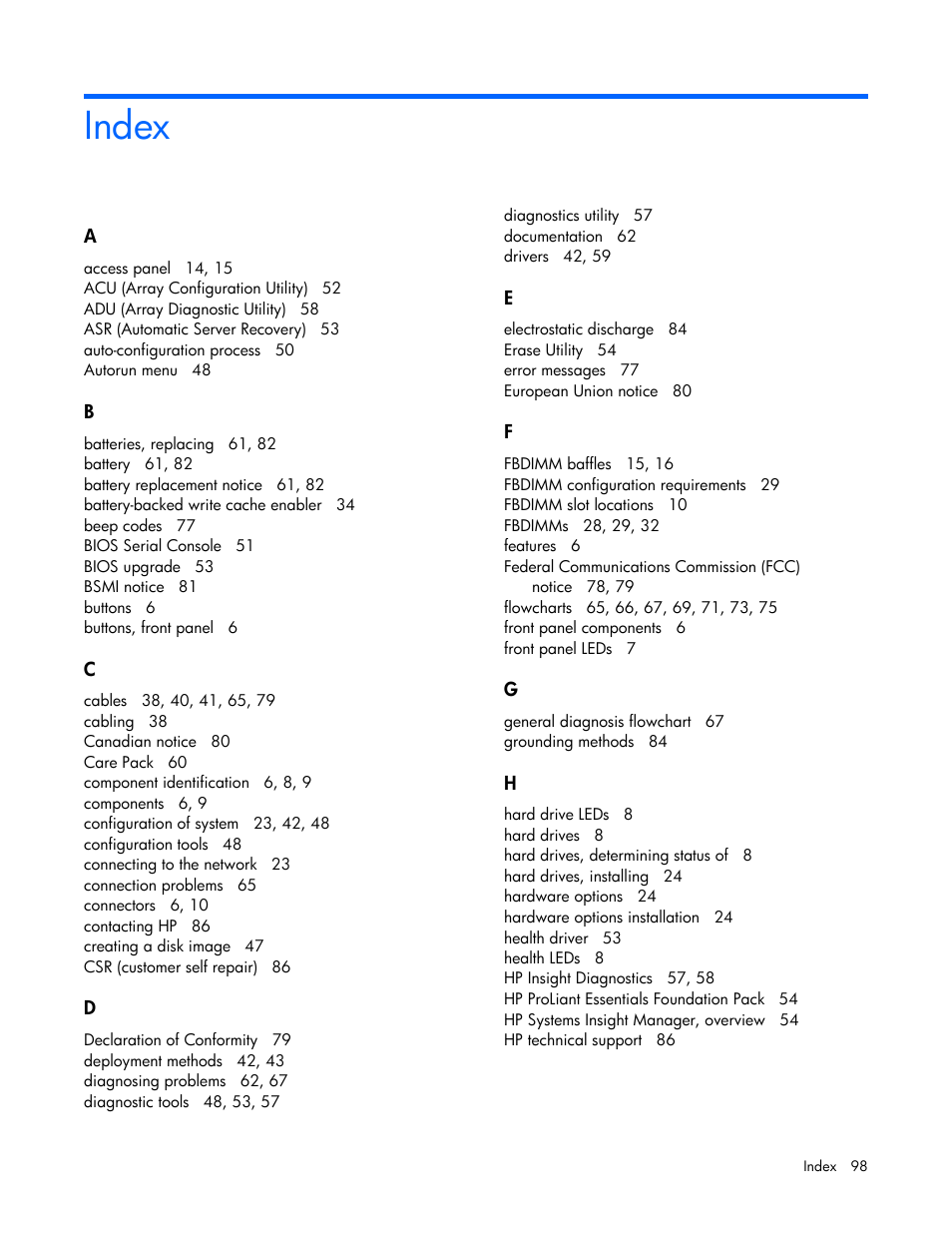 Index | HP ProLiant BL680c G5 Server-Blade User Manual | Page 98 / 100