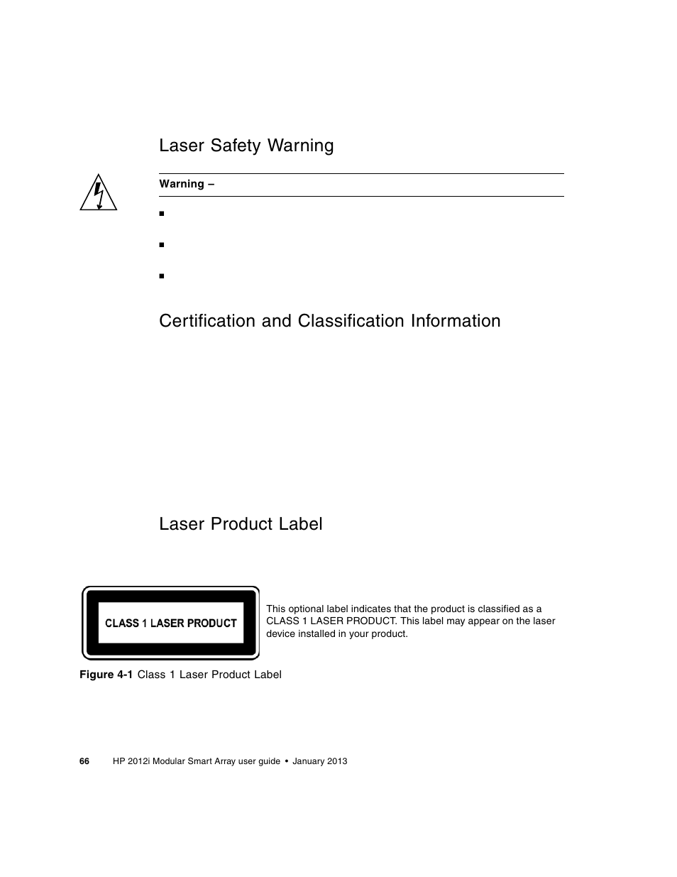 Laser safety warning, Certification and classification information, Laser product label | HP MSA Controllers User Manual | Page 66 / 86