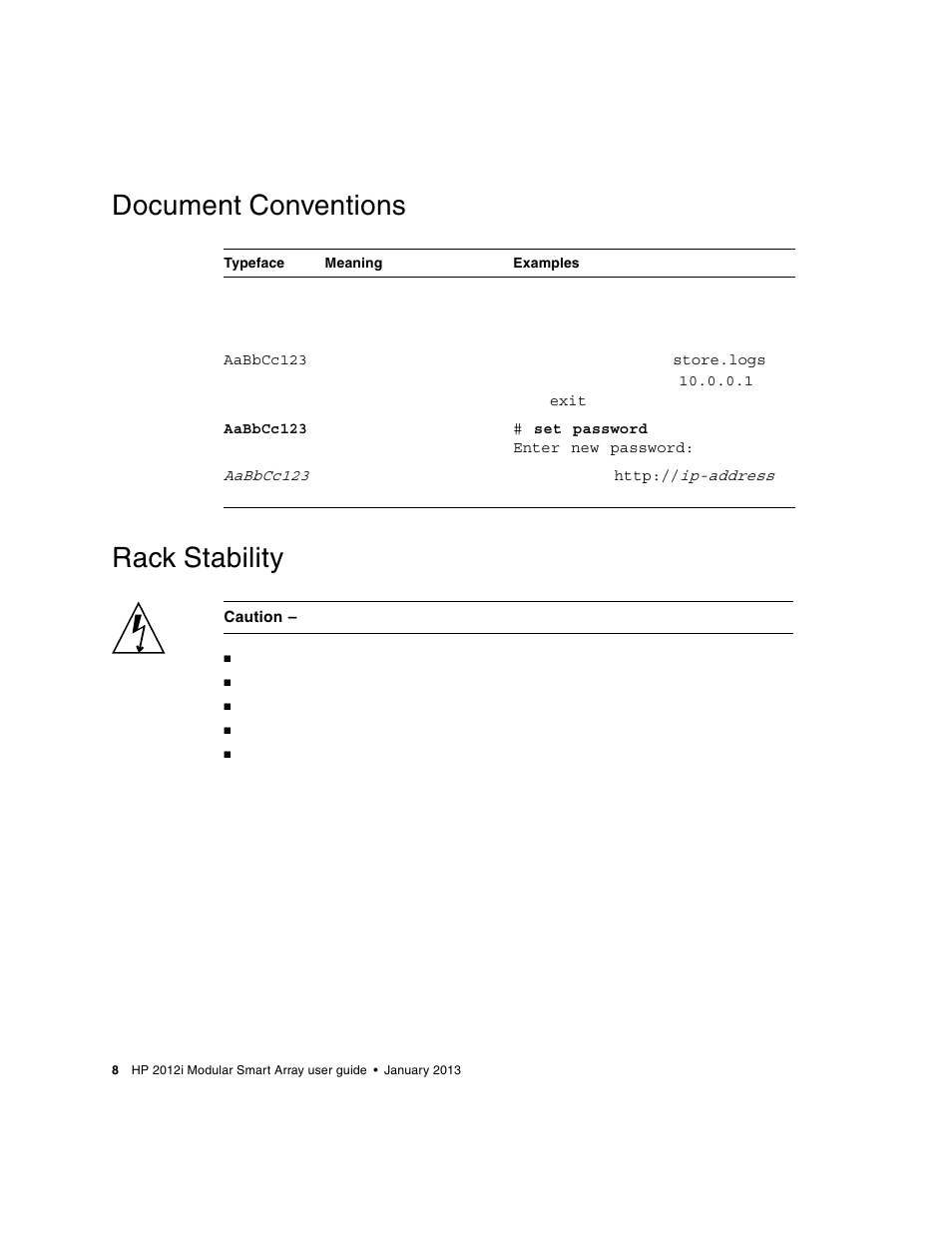 Document conventions, Rack stability, Document conventions rack stability | HP MSA Controllers User Manual | Page 8 / 86