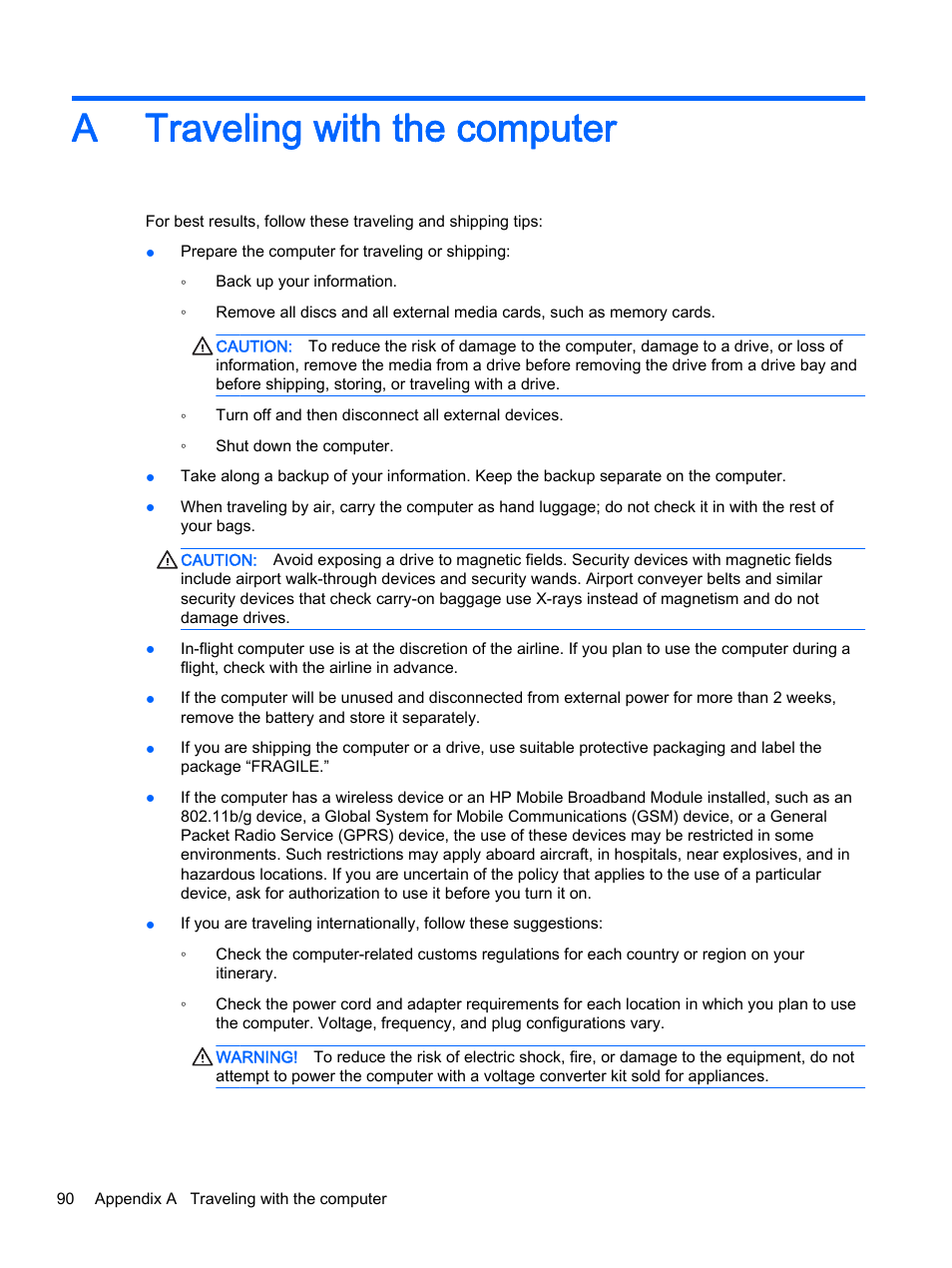 Traveling with the computer, Appendix a traveling with the computer, A traveling with the computer | HP ProBook 440 G2 Notebook PC User Manual | Page 100 / 109