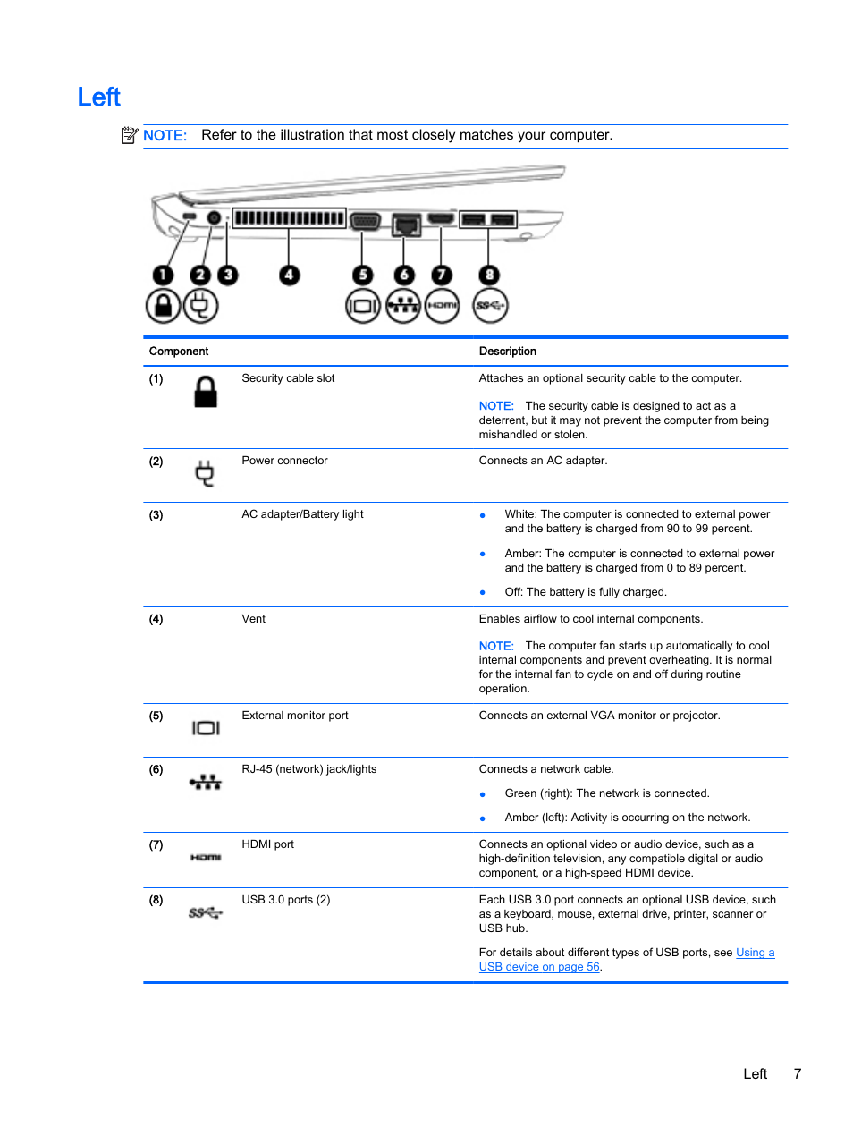 Left, Left 7 | HP ProBook 440 G2 Notebook PC User Manual | Page 17 / 109
