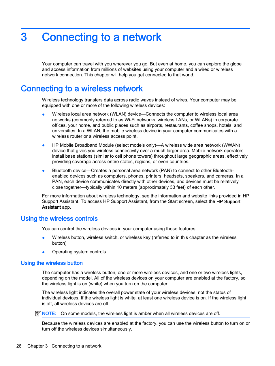 Connecting to a network, Connecting to a wireless network, Using the wireless controls | Using the wireless button, 3 connecting to a network, 3connecting to a network | HP ProBook 440 G2 Notebook PC User Manual | Page 36 / 109