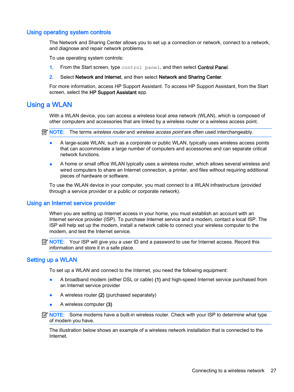 Using operating system controls, Using a wlan, Using an internet service provider | Setting up a wlan | HP ProBook 440 G2 Notebook PC User Manual | Page 37 / 109