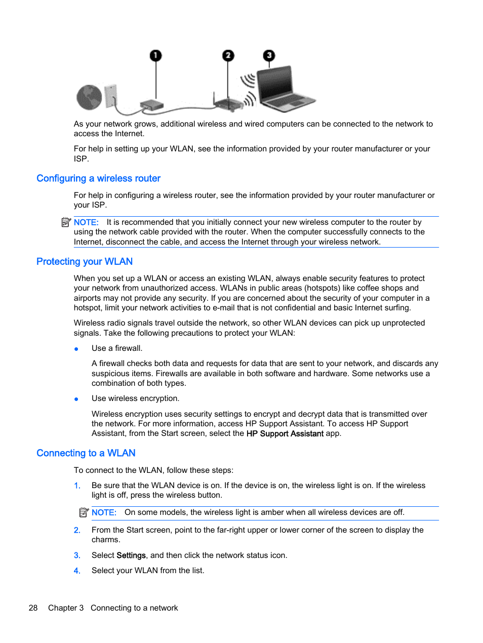 Configuring a wireless router, Protecting your wlan, Connecting to a wlan | HP ProBook 440 G2 Notebook PC User Manual | Page 38 / 109