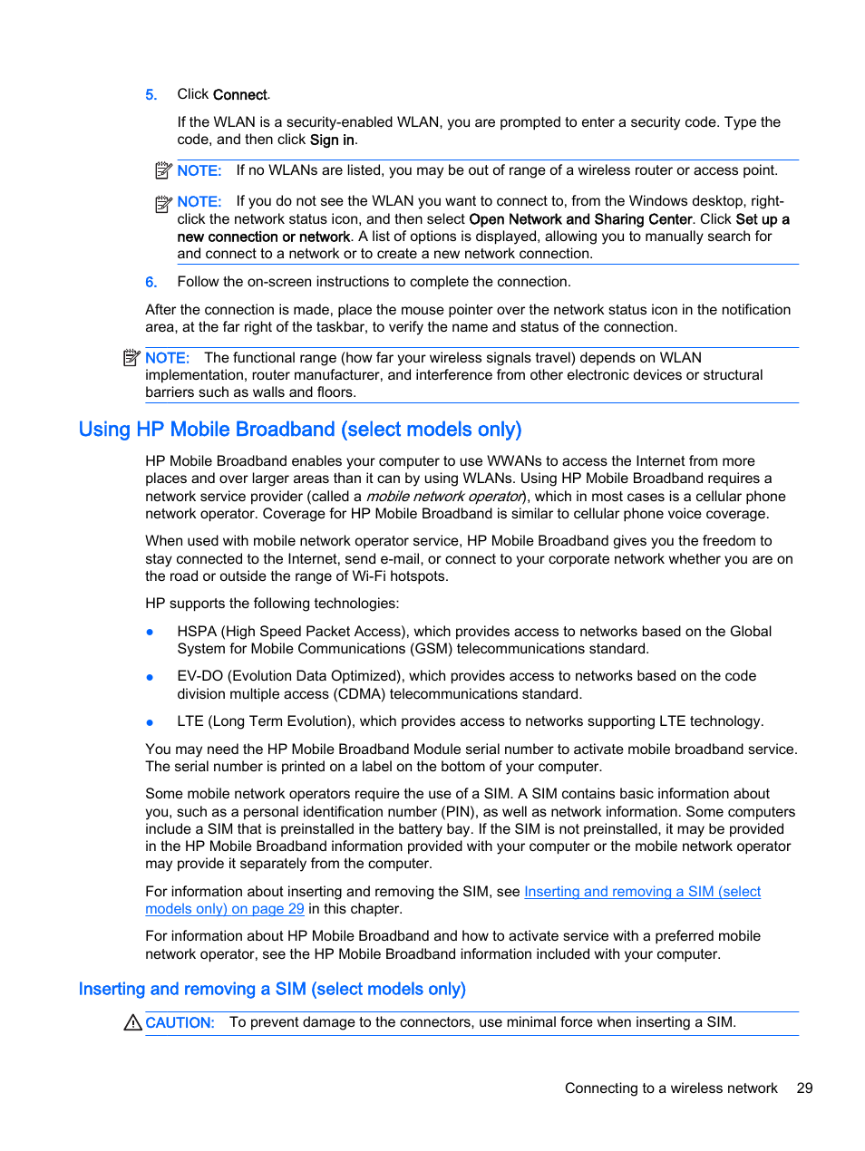 Using hp mobile broadband (select models only), Inserting and removing a sim (select models only) | HP ProBook 440 G2 Notebook PC User Manual | Page 39 / 109