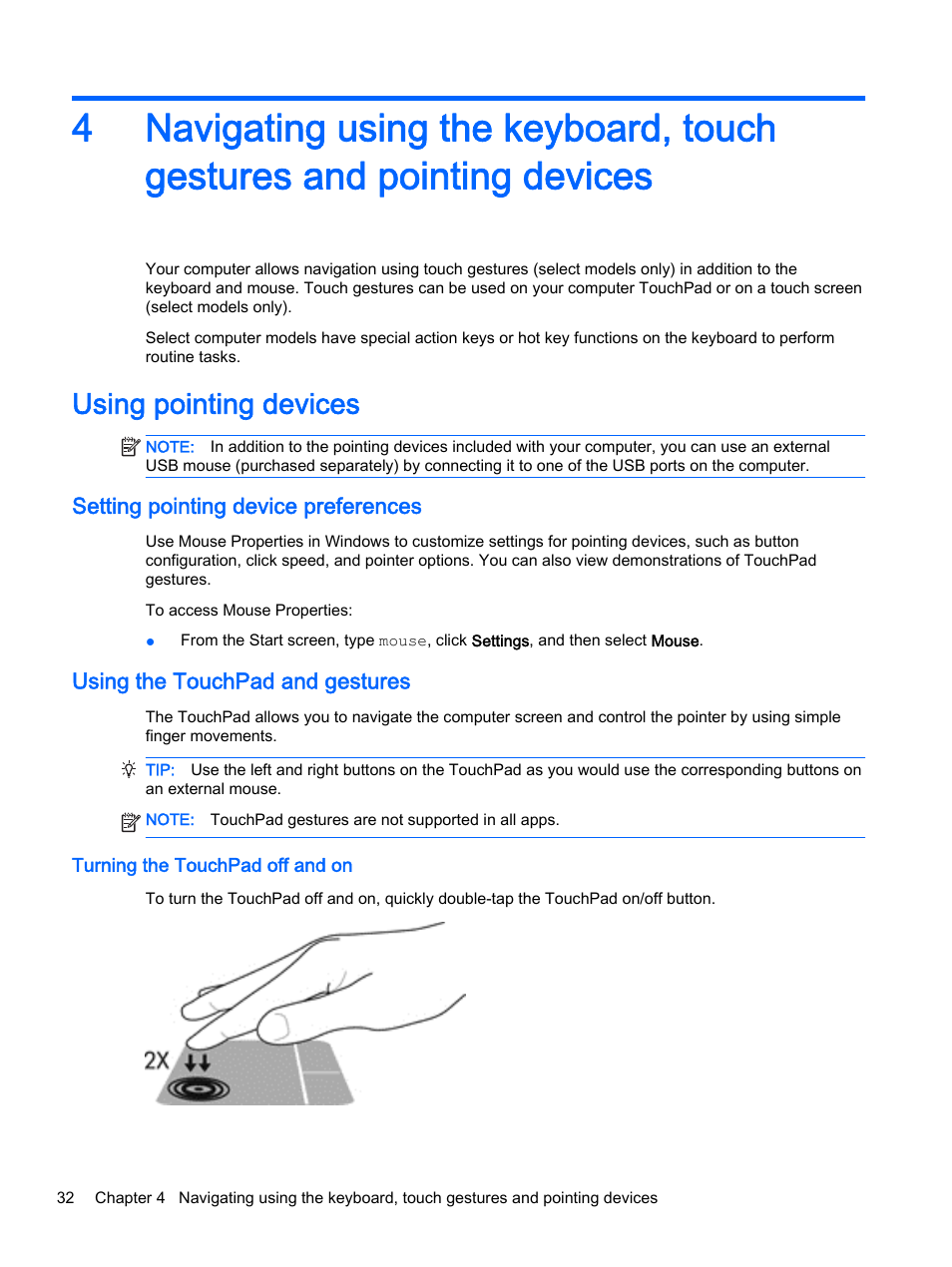 Using pointing devices, Setting pointing device preferences, Using the touchpad and gestures | Turning the touchpad off and on, For additiona | HP ProBook 440 G2 Notebook PC User Manual | Page 42 / 109
