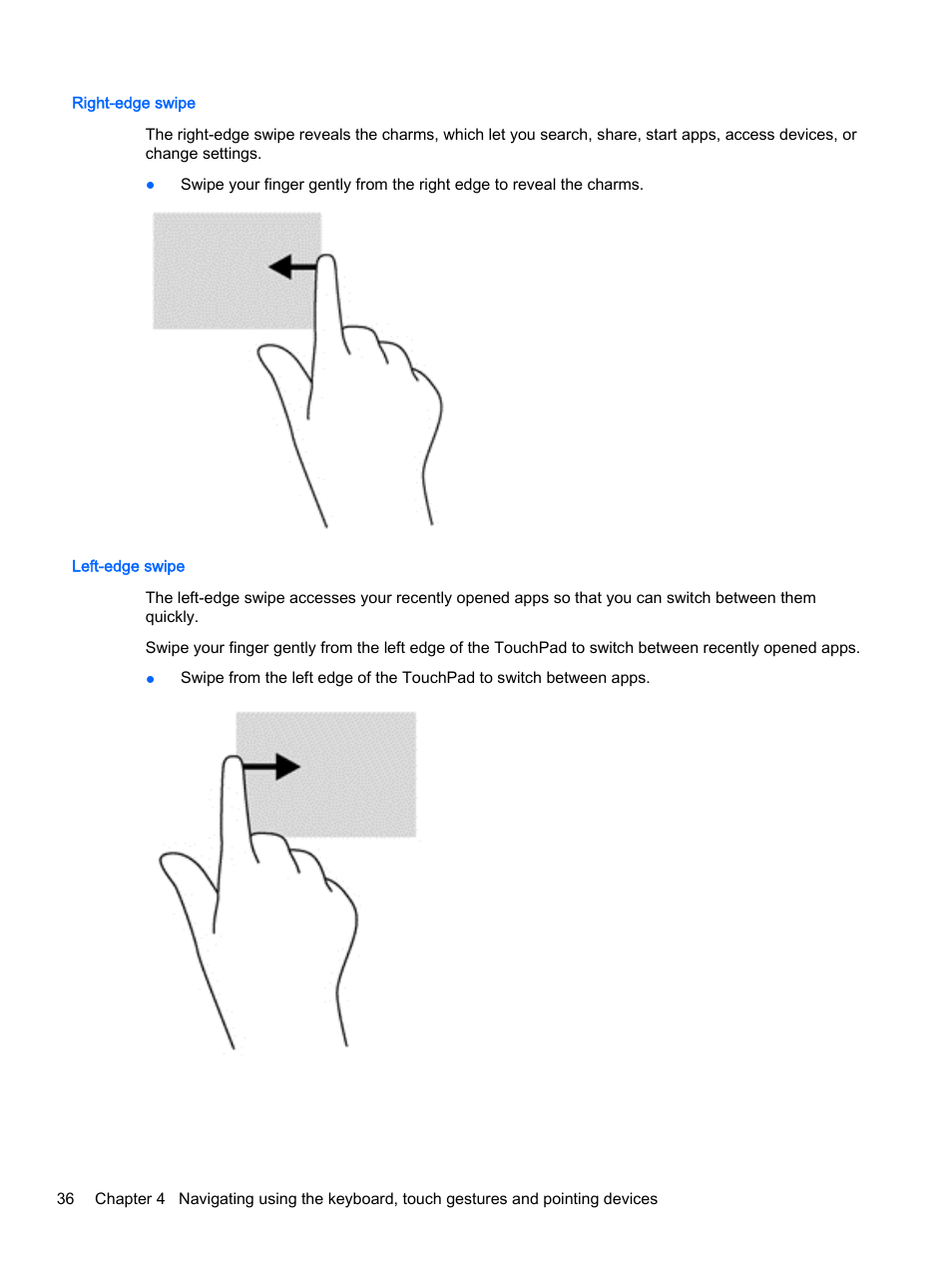 Right-edge swipe, Left-edge swipe, Right-edge swipe left-edge swipe | HP ProBook 440 G2 Notebook PC User Manual | Page 46 / 109