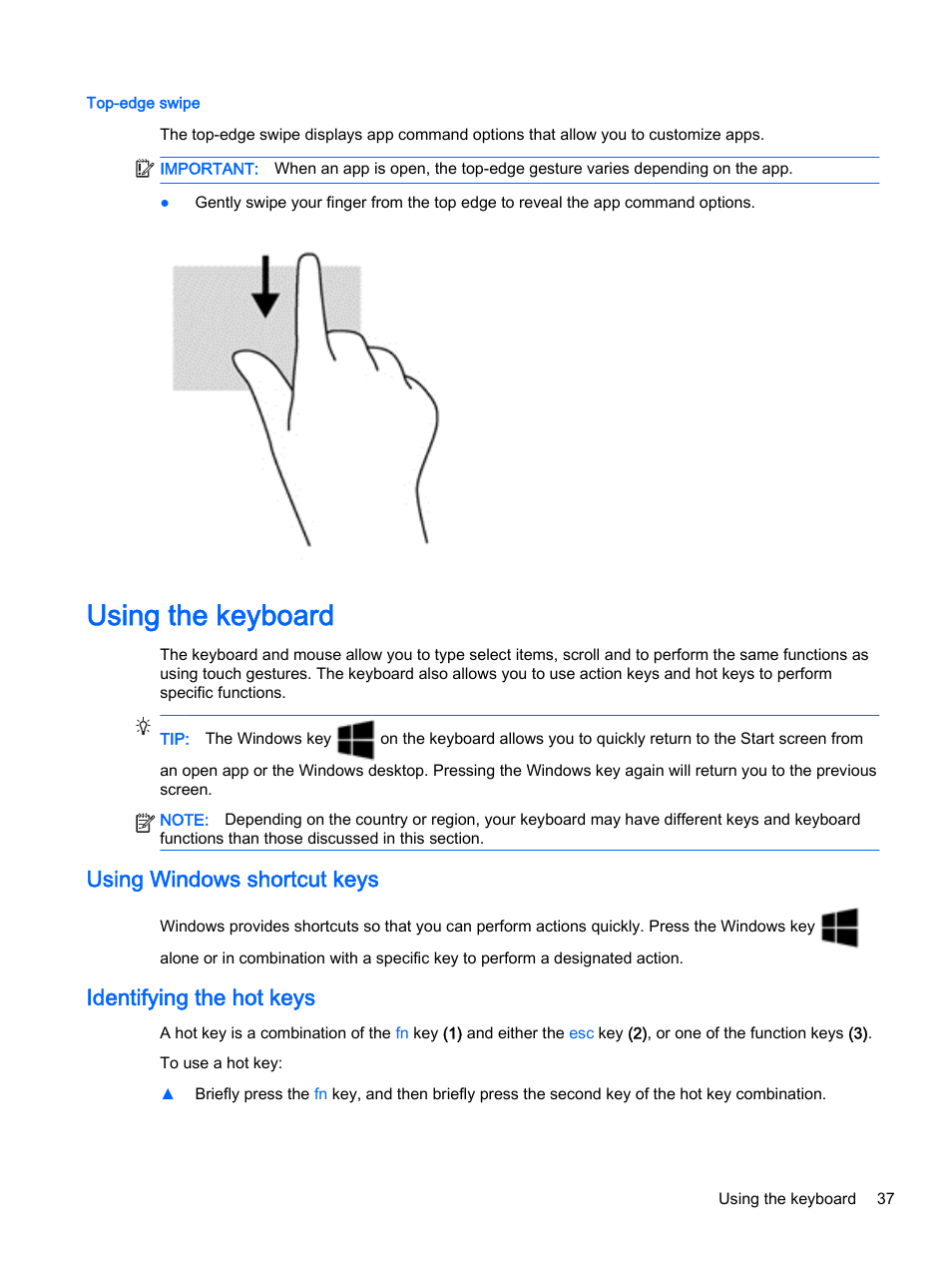 Top-edge swipe, Using the keyboard, Using windows shortcut keys | Identifying the hot keys | HP ProBook 440 G2 Notebook PC User Manual | Page 47 / 109
