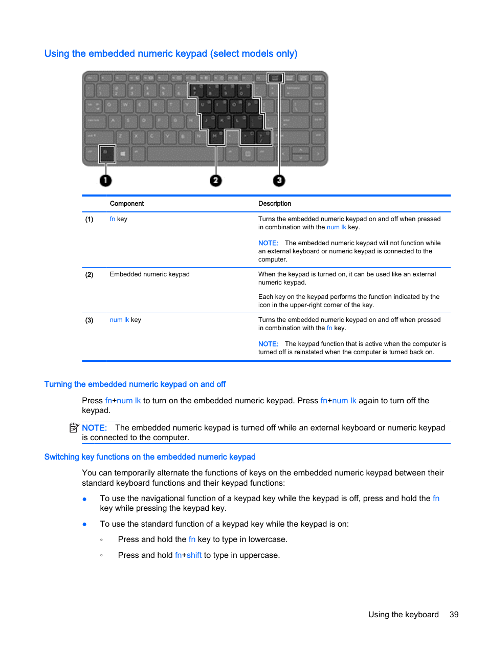 Turning the embedded numeric keypad on and off | HP ProBook 440 G2 Notebook PC User Manual | Page 49 / 109