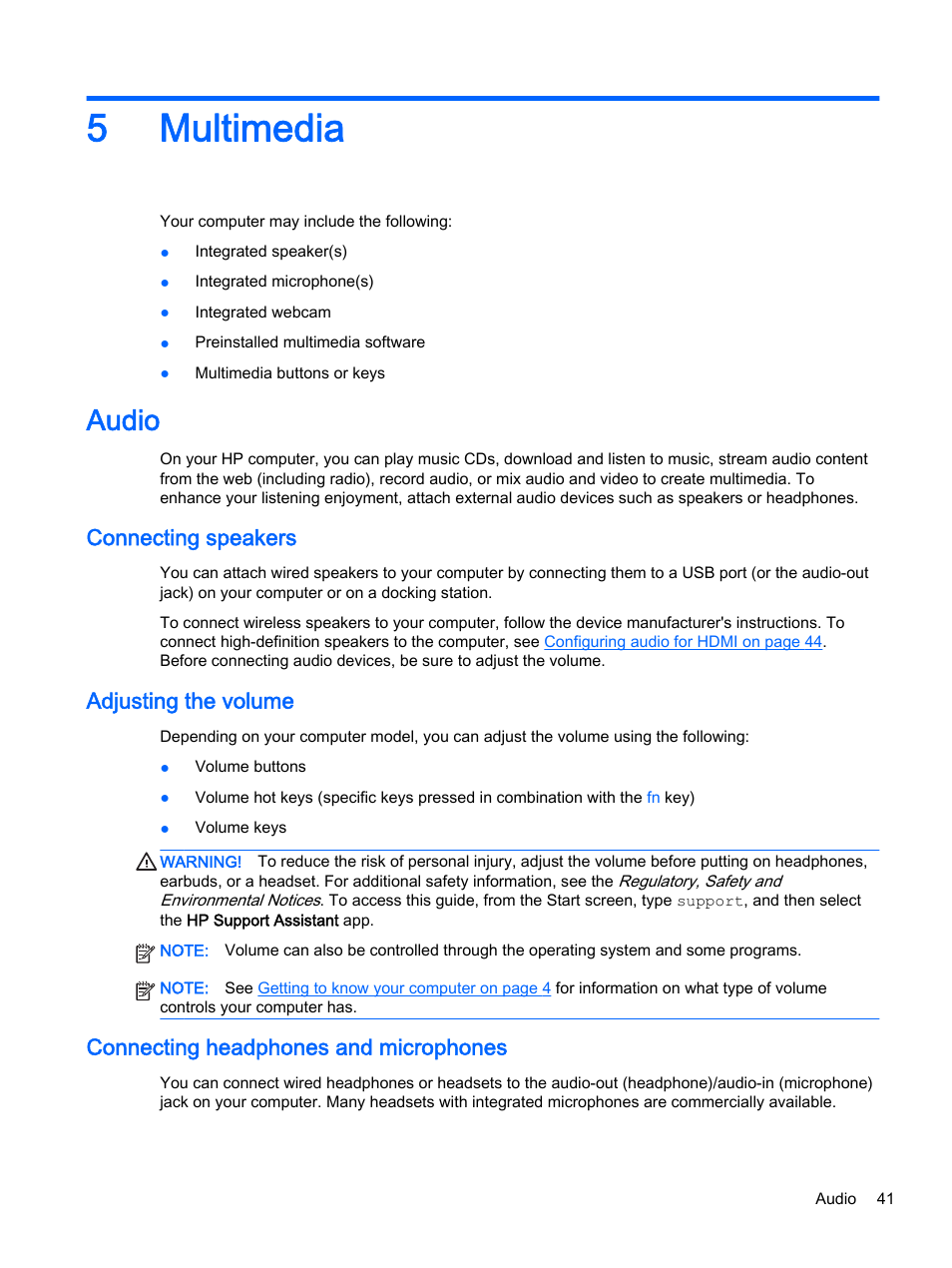 Multimedia, Audio, Connecting speakers | Adjusting the volume, Connecting headphones and microphones, 5 multimedia, 5multimedia | HP ProBook 440 G2 Notebook PC User Manual | Page 51 / 109