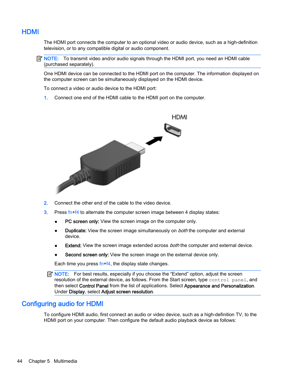 Hdmi, Configuring audio for hdmi, Hdmi configuring audio for hdmi | HP ProBook 440 G2 Notebook PC User Manual | Page 54 / 109
