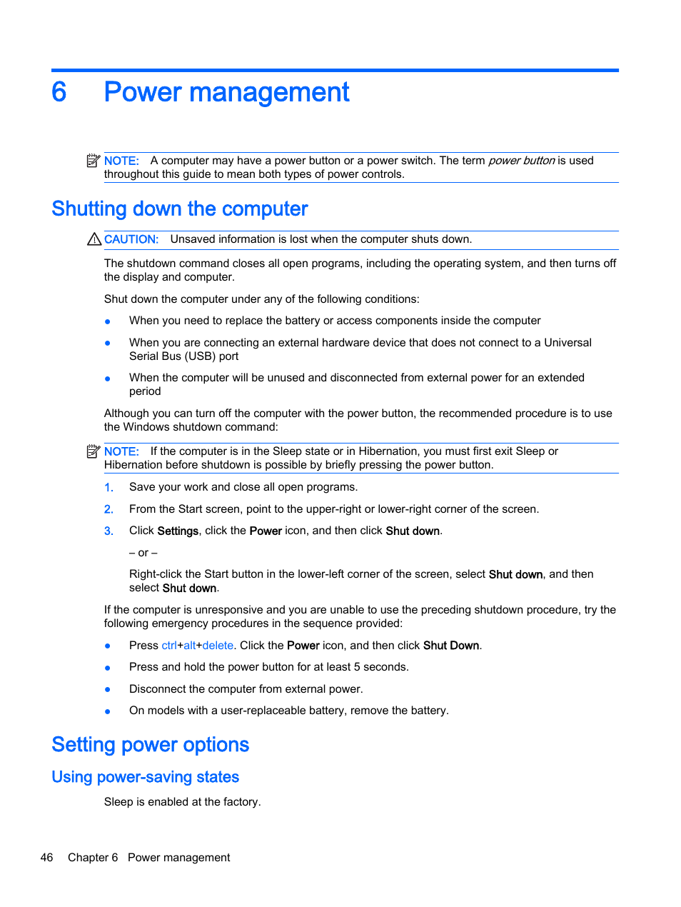 Power management, Shutting down the computer, Setting power options | Using power-saving states, 6 power management, Shutting down the computer setting power options, 6power management | HP ProBook 440 G2 Notebook PC User Manual | Page 56 / 109