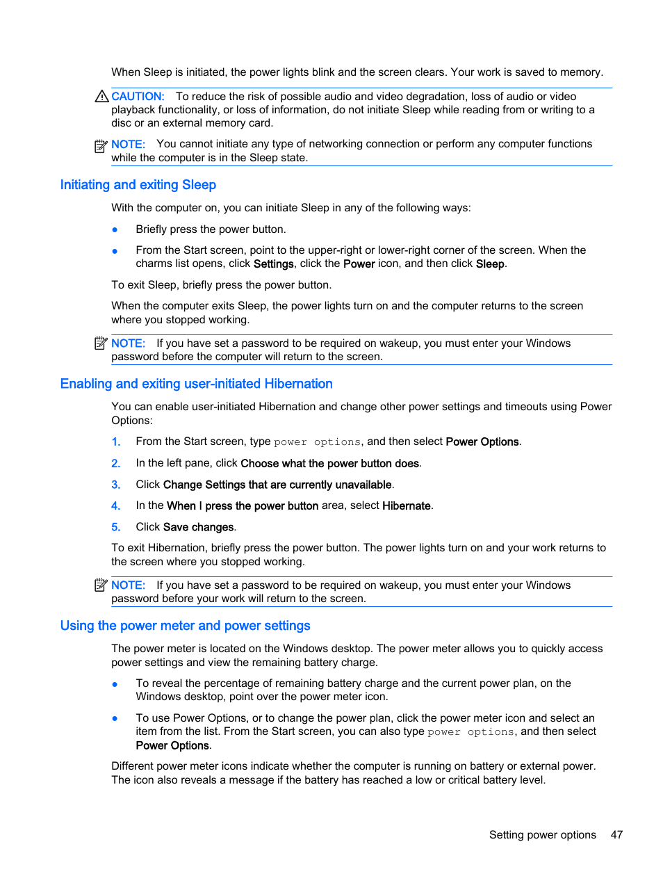 Initiating and exiting sleep, Enabling and exiting user-initiated hibernation, Using the power meter and power settings | HP ProBook 440 G2 Notebook PC User Manual | Page 57 / 109