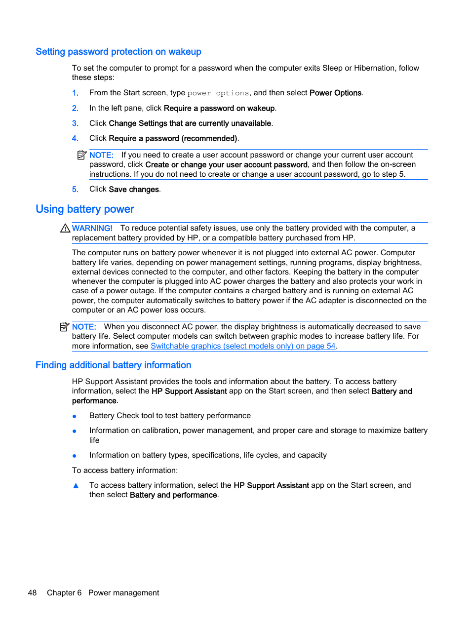 Setting password protection on wakeup, Using battery power, Finding additional battery information | HP ProBook 440 G2 Notebook PC User Manual | Page 58 / 109